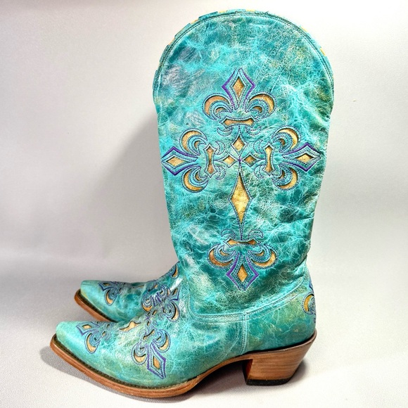 CORRAL Turquoise Fleur-de-lis Leather Cutout Design Western Boots - Picture 2 of 16